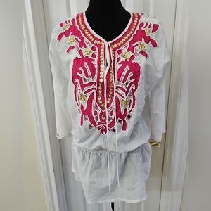 Kyra Women's Boho Top Size M White Pink Rhinestone Embroidered 100% Cotton